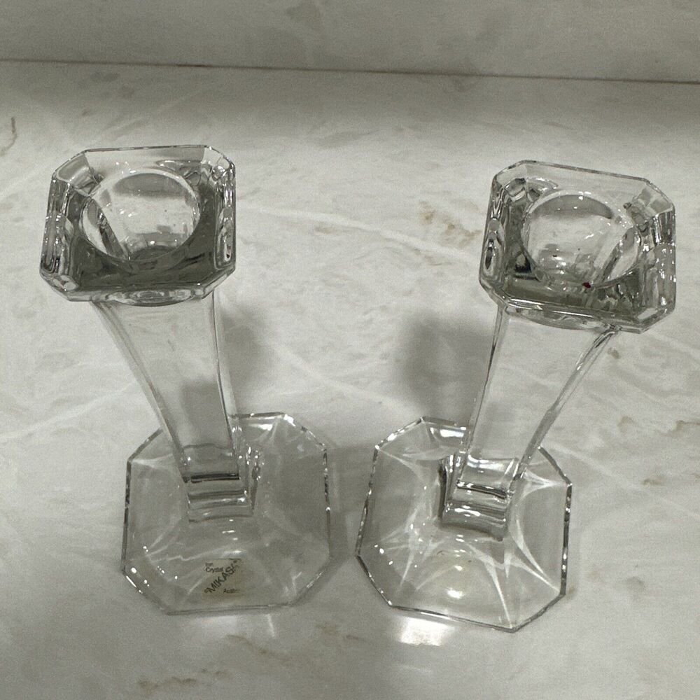 Vintage MCM Mikasa Hyde Park Clear Crystal Art Deco Taper Candle Holders Set 2 - Picture 7 of 9